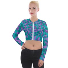 Purple And Teal Camouflage Pattern Long Sleeve Cropped Velvet Jacket by SpinnyChairDesigns