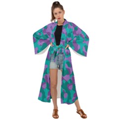 Purple And Teal Camouflage Pattern Maxi Kimono by SpinnyChairDesigns