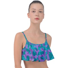 Purple And Teal Camouflage Pattern Frill Bikini Top by SpinnyChairDesigns