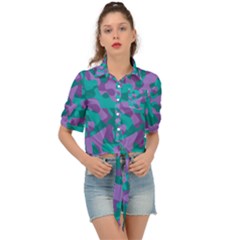 Purple And Teal Camouflage Pattern Tie Front Shirt  by SpinnyChairDesigns