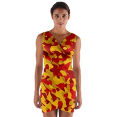 Red And Yellow Camouflage Pattern Wrap Front Bodycon Dress by SpinnyChairDesigns