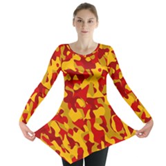 Red And Yellow Camouflage Pattern Long Sleeve Tunic  by SpinnyChairDesigns