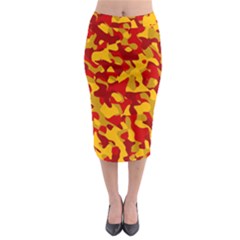 Red And Yellow Camouflage Pattern Midi Pencil Skirt by SpinnyChairDesigns