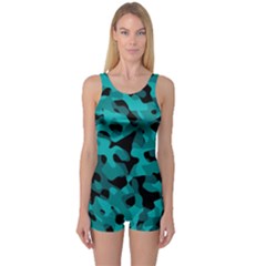 Black And Teal Camouflage Pattern One Piece Boyleg Swimsuit by SpinnyChairDesigns