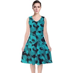 Black And Teal Camouflage Pattern V-neck Midi Sleeveless Dress  by SpinnyChairDesigns