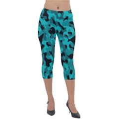 Black And Teal Camouflage Pattern Lightweight Velour Capri Leggings  by SpinnyChairDesigns