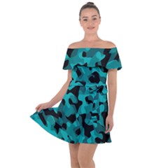 Black And Teal Camouflage Pattern Off Shoulder Velour Dress by SpinnyChairDesigns