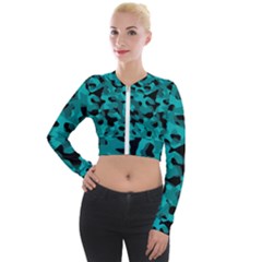 Black And Teal Camouflage Pattern Long Sleeve Cropped Velvet Jacket by SpinnyChairDesigns