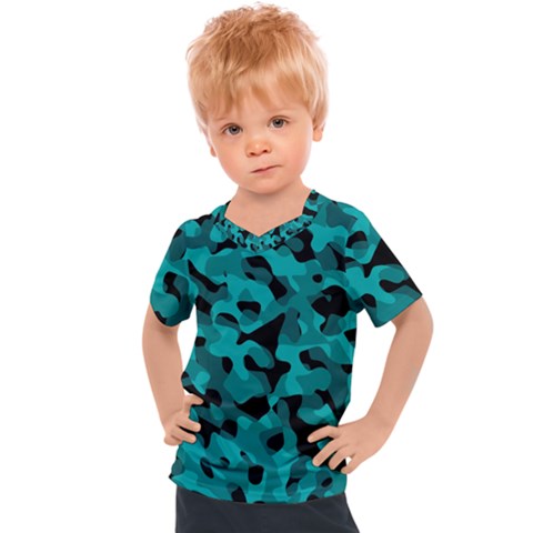 Black And Teal Camouflage Pattern Kids  Sports Tee by SpinnyChairDesigns