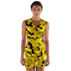 Black And Yellow Camouflage Pattern Wrap Front Bodycon Dress by SpinnyChairDesigns