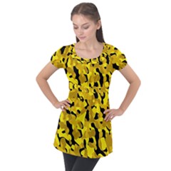 Black And Yellow Camouflage Pattern Puff Sleeve Tunic Top by SpinnyChairDesigns