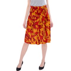 Red And Orange Camouflage Pattern Midi Beach Skirt by SpinnyChairDesigns