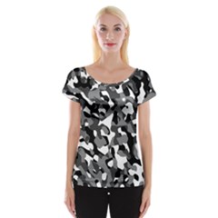 Black And White Camouflage Pattern Cap Sleeve Top by SpinnyChairDesigns