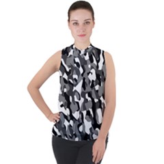 Black And White Camouflage Pattern Mock Neck Chiffon Sleeveless Top by SpinnyChairDesigns