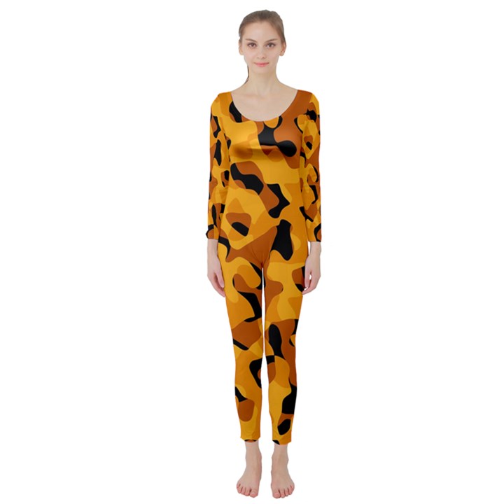 Orange and Black Camouflage Pattern Long Sleeve Catsuit