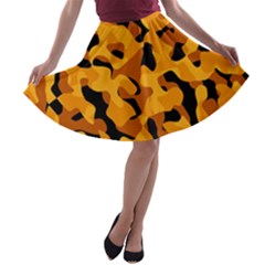 Orange And Black Camouflage Pattern A-line Skater Skirt by SpinnyChairDesigns