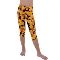 Orange And Black Camouflage Pattern Kids  Lightweight Velour Capri Leggings  by SpinnyChairDesigns