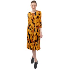 Orange And Black Camouflage Pattern Ruffle End Midi Chiffon Dress by SpinnyChairDesigns