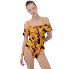 Orange And Black Camouflage Pattern Frill Detail One Piece Swimsuit by SpinnyChairDesigns