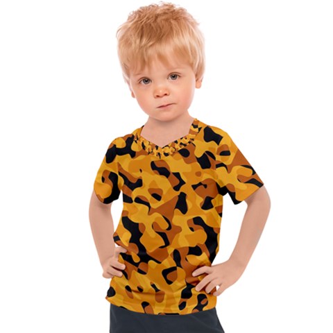 Orange And Black Camouflage Pattern Kids  Sports Tee by SpinnyChairDesigns