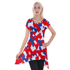 Red White Blue Camouflage Pattern Short Sleeve Side Drop Tunic by SpinnyChairDesigns