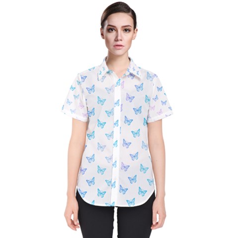 Light Blue Pink Butterflies Pattern Women s Short Sleeve Shirt by SpinnyChairDesigns