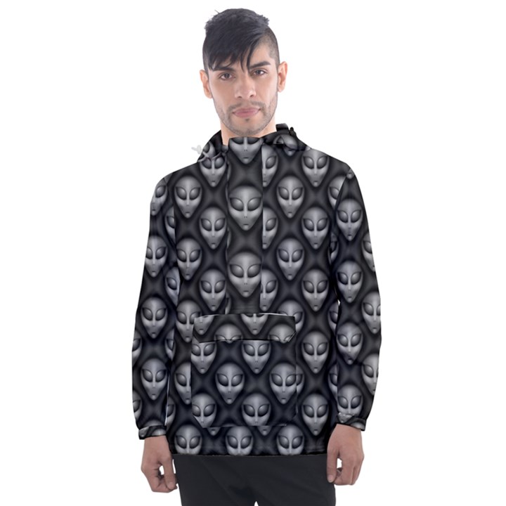 Grey Aliens Extraterrestrials UFO Faces Men s Front Pocket Pullover Windbreaker