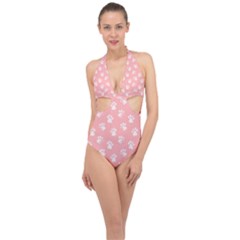 Animal Cat Dog Prints Pattern Pink White Halter Front Plunge Swimsuit by SpinnyChairDesigns