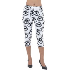 Black And White Cartoon Eyeballs Lightweight Velour Capri Leggings  by SpinnyChairDesigns