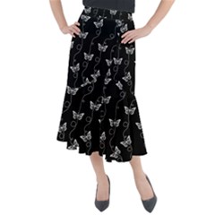 Black And White Butterfly Pattern Midi Mermaid Skirt by SpinnyChairDesigns