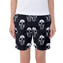 Black And White Skulls Women s Basketball Shorts by SpinnyChairDesigns