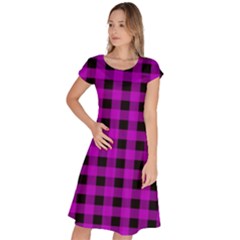 Purple Black Buffalo Plaid Classic Short Sleeve Dress by SpinnyChairDesigns