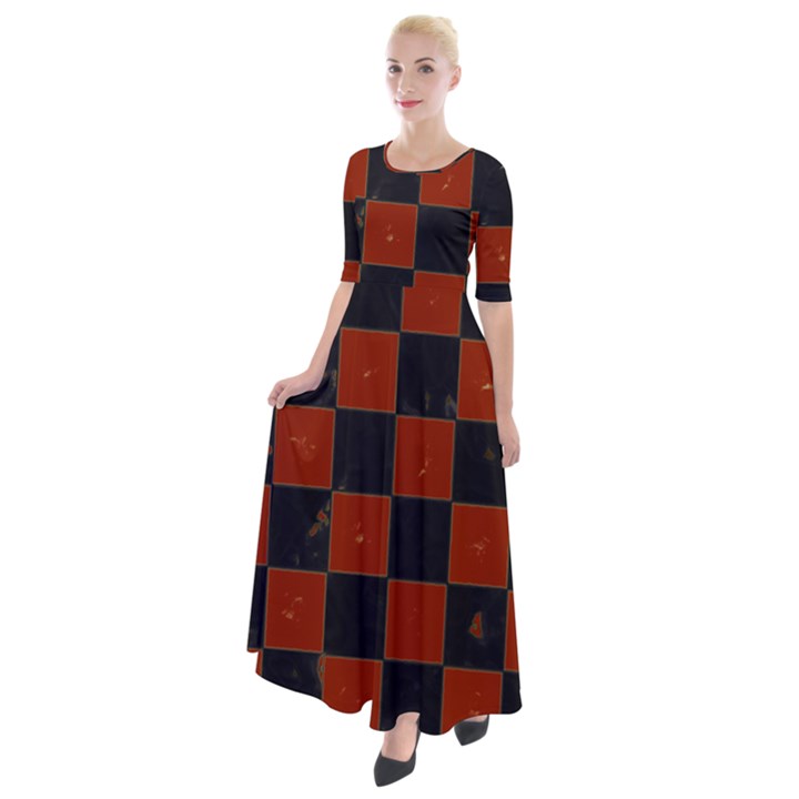 Red and Black Checkered Grunge  Half Sleeves Maxi Dress