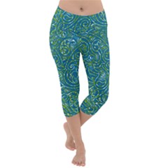 Abstract Blue Green Jungle Paisley Lightweight Velour Capri Yoga Leggings by SpinnyChairDesigns