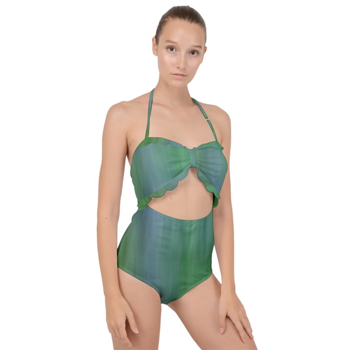 Green Blue Gradient Batik Scallop Top Cut Out Swimsuit