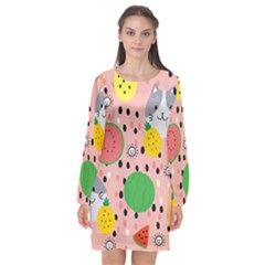 Cats And Fruits  Long Sleeve Chiffon Shift Dress  by Sobalvarro