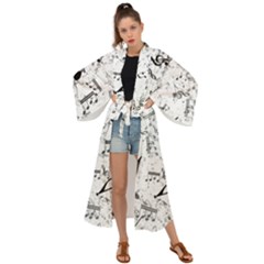 Black And White Music Notes Maxi Kimono by SpinnyChairDesigns