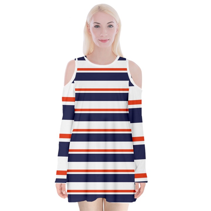 Red With Blue Stripes Velvet Long Sleeve Shoulder Cutout Dress