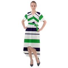 Green With Blue Stripes Front Wrap High Low Dress by tmsartbazaar