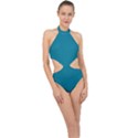 True Teal Blue Color Halter Side Cut Swimsuit View1