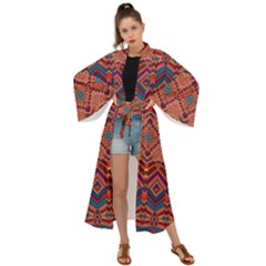 Boho Light Brown Blue Pattern Maxi Kimono by SpinnyChairDesigns