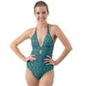 Boho Teal Green Blue Pattern Halter Cut-Out One Piece Swimsuit View1