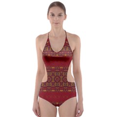 Boho Red Gold Cut-out One Piece Swimsuit by SpinnyChairDesigns