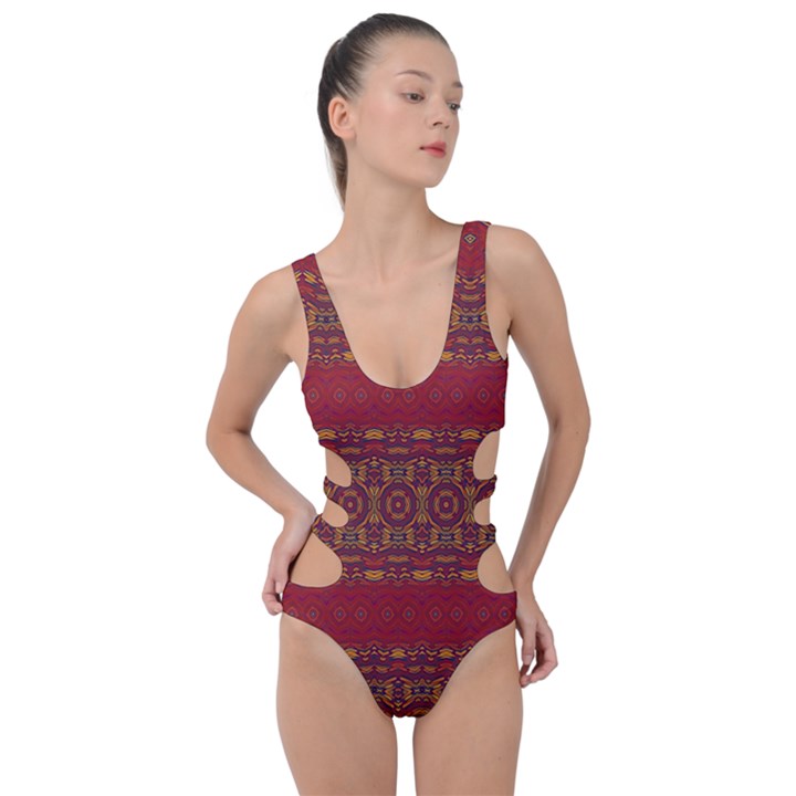 Boho Red Gold Side Cut Out Swimsuit