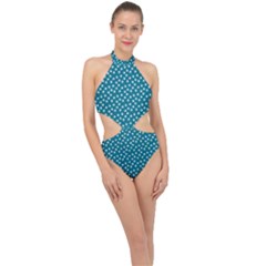 Teal White Floral Print Halter Side Cut Swimsuit by SpinnyChairDesigns