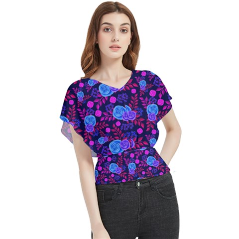 Backgroung Rose Purple Wallpaper Butterfly Chiffon Blouse by HermanTelo