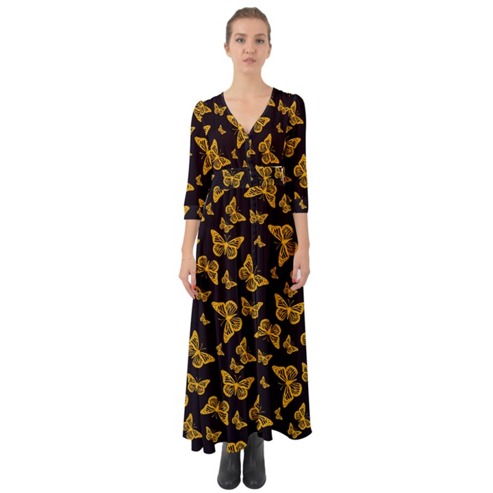 Black Gold Butterfly Print Button Up Boho Maxi Dress