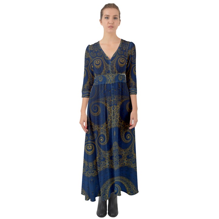 Navy Blue and Gold Swirls Button Up Boho Maxi Dress