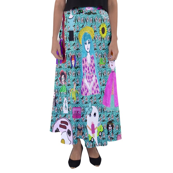 Blue Denim And Drawings Daisies Aqua Flared Maxi Skirt