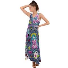 Blue Denim And Drawings Daisies V-neck Chiffon Maxi Dress by snowwhitegirl